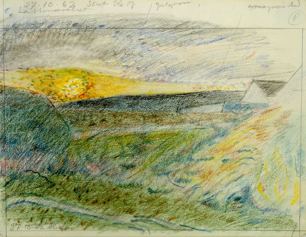 Harald Leth, <i>Landscape with Gables</i>, 1962<br>Crayon and pencil on paper. 19 x 28 cm<br>Donation 1982 from the Danish Arts Foundation. Inv.nr. 1982-024. ©The artist's heirs and Henning Jørgensen. Photo: Keld foto