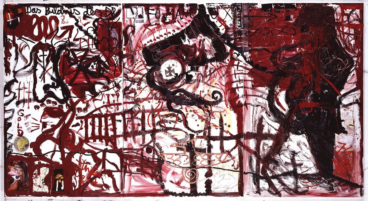 <i>Das Bildnis des Dr. Fu Manchu im Namen der Ordensburg Commodyssys</i>, 2004<br>Oil, silicone, photos, coins, iron cross, etc. on canvas. 210 x 388,5 cm (3 panels)<br>Purchased 2011 with support from Lilian & P.T. Nielsens Fond. ©The artist. Photo: Joc