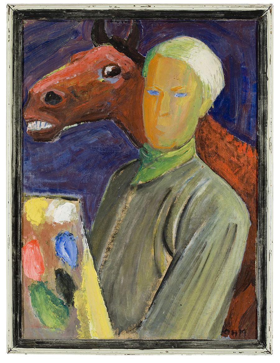 Olivia Holm-Møller, <i>Self-portrait with palette and horse</i>, approx. 1947<br>Tempera on canvas. 61 x 45 cm. ©Artists heirs. Photo: Lars Guldager