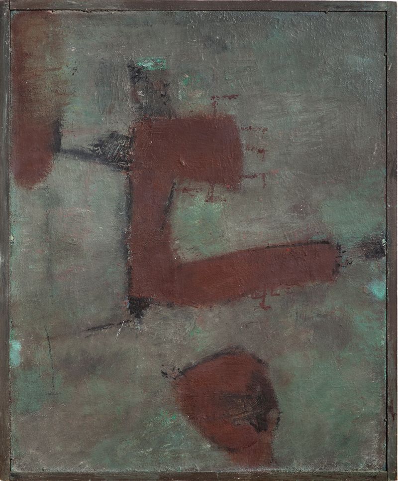Åge Vogel-Jørgensen, <i>Brune indslag</i>, 1963-64<br>Olie på masonit. 75 x 61 cm (nettomål). 78 x 64,5 cm (bruttomål). Prydrammen er bemalet og er en del af værket<br>Donation. 2015. Inv.nr. 2015-005. ©Kunstnerens arvinger