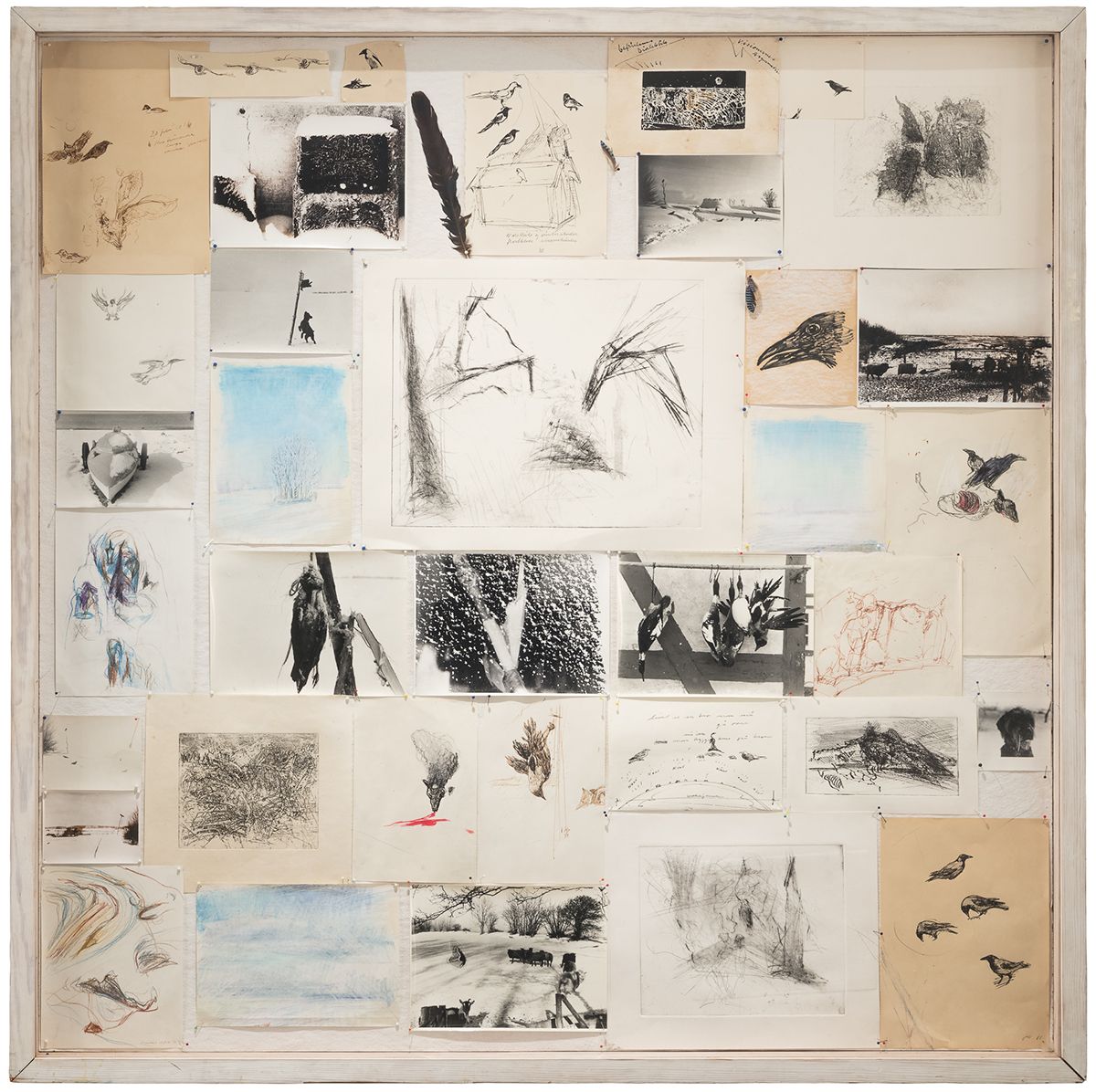 John Olsen, <i>Winter</i>, 1981. 128 x 128 cm; 5,7 cm. Drawings, photos, etchings and bird feathers<br>Purchased 1981 by the Danish Arts Foundation. Received 1998. Inv. nr. 1998-022<br>©The artist's heirs. Photo: Per Andersen