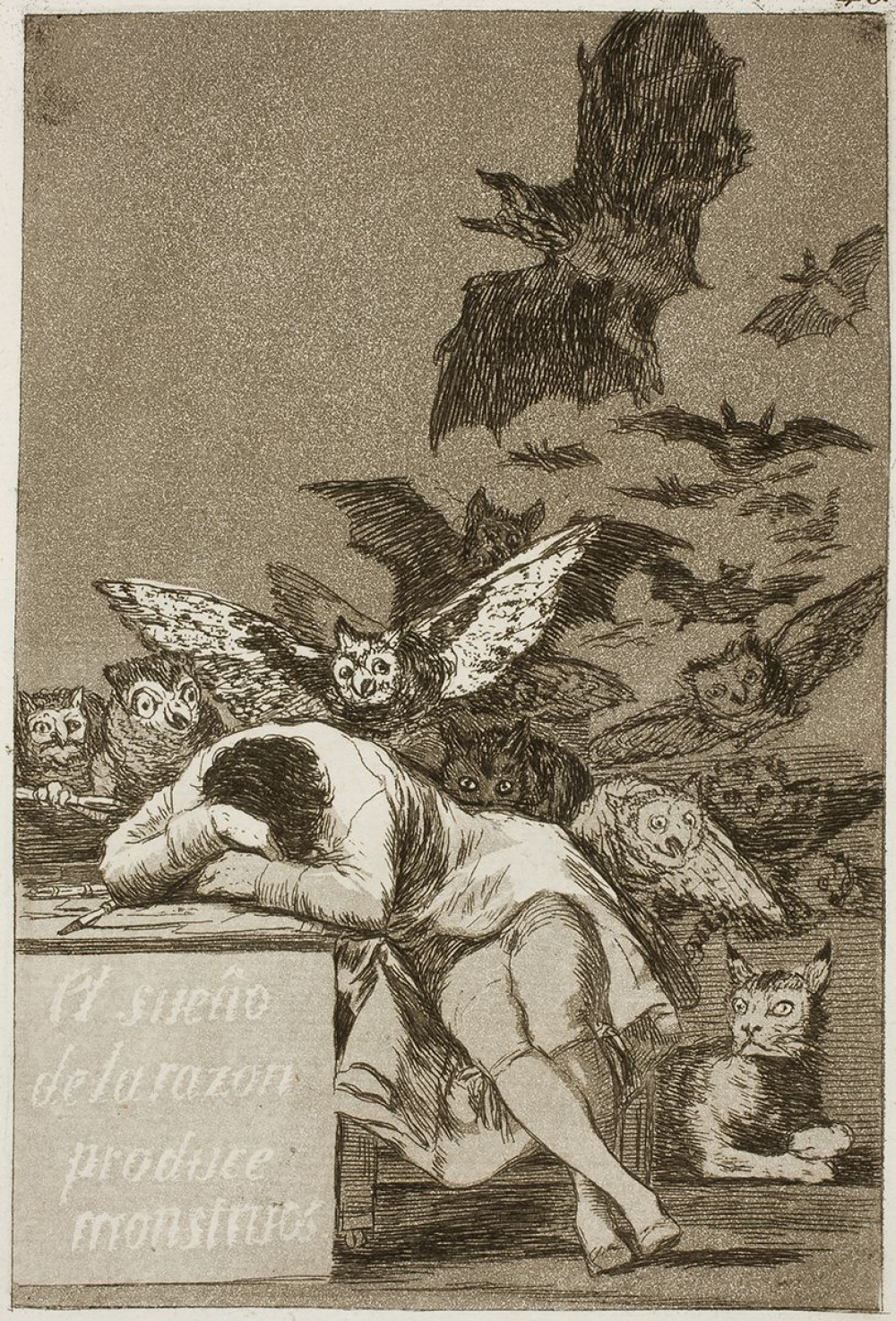 Francisco Goya, <i>The Sleep of Reason Produces Monsters</i><br>No. 43 in the album <i>Los Caprichos</i> published 1799. Aquatinte. Inv.nr. 1993-017